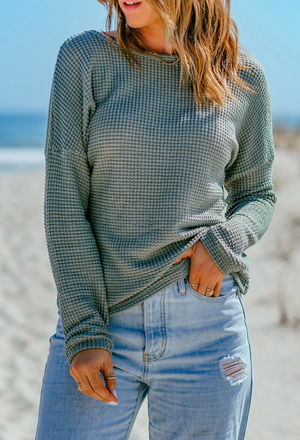 Green Waffle Knit Drop Shoulder Top