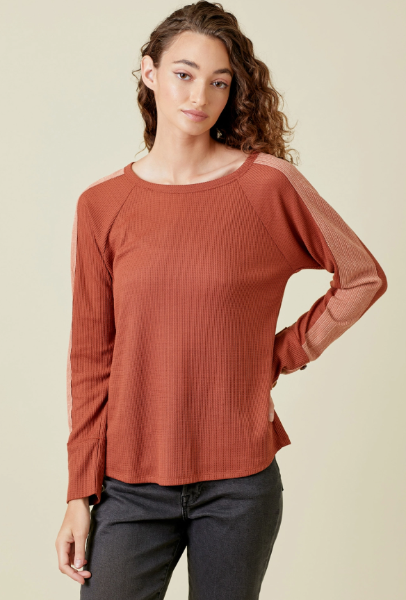 Waffle Knit Stripe Sleeve Top-Rust