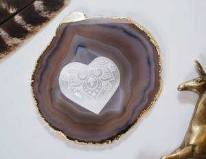 Etched White Selenite Crystal Heart: "Way of the Heart" Design