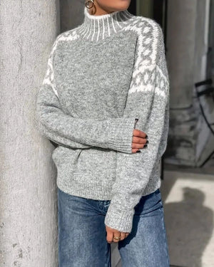 Vintage Western Pattern Mock Neck Sweater-Grey