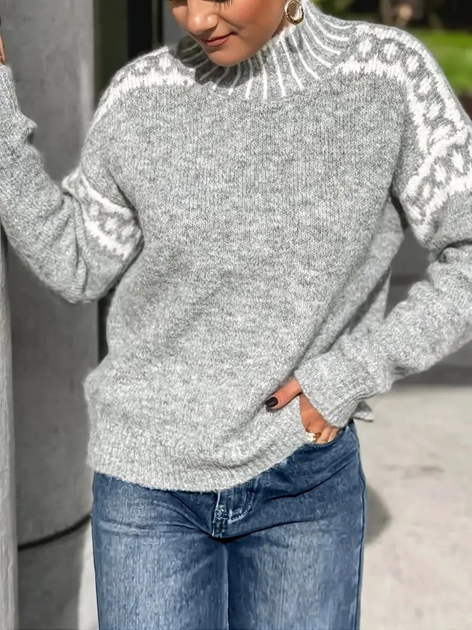 Vintage Western Pattern Mock Neck Sweater-Grey
