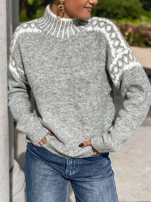 Vintage Western Pattern Mock Neck Sweater-Grey