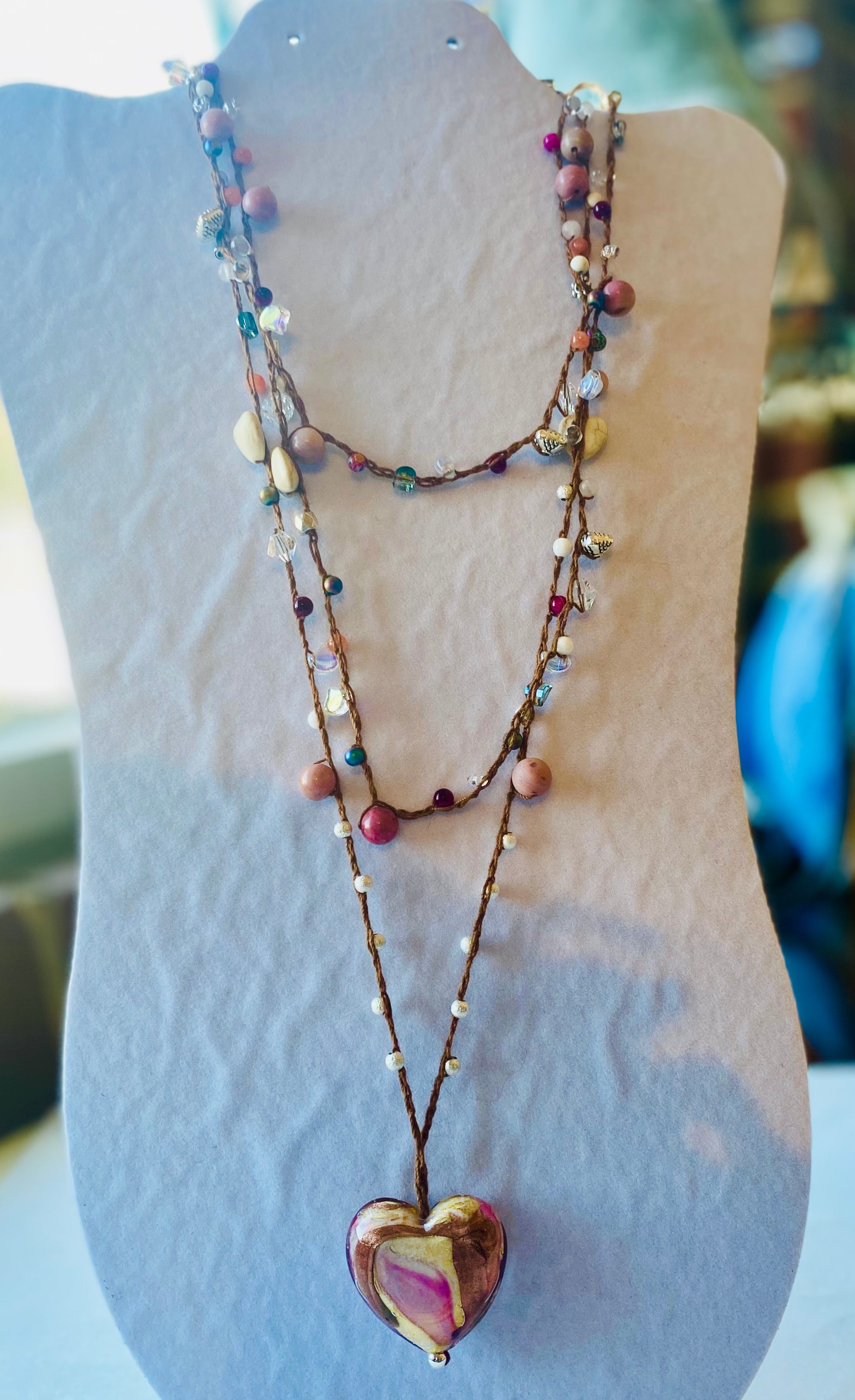 Wooden Rope Murano Heart Necklace