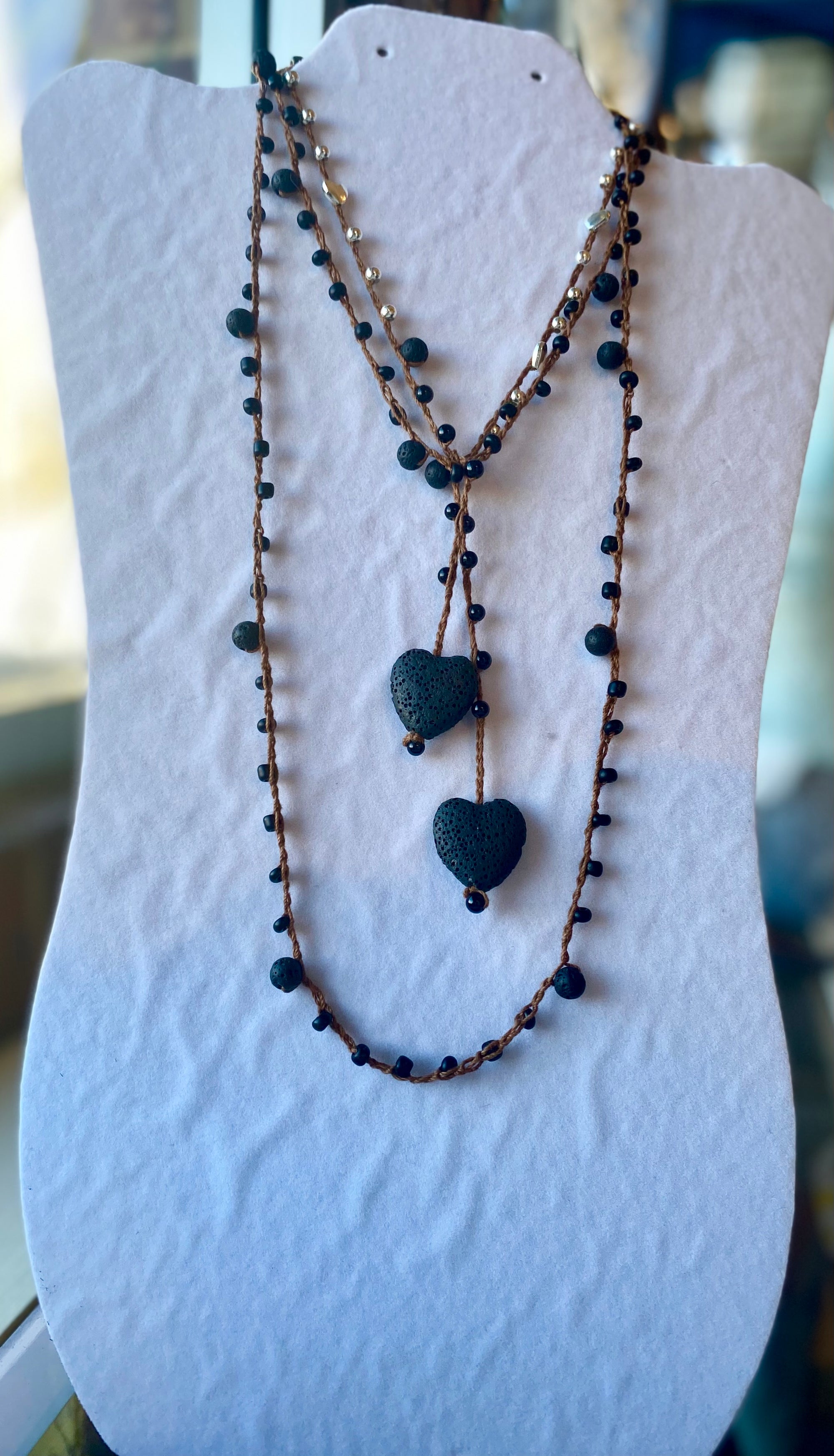 Wooden Rope Lava Bead Lariat Necklace